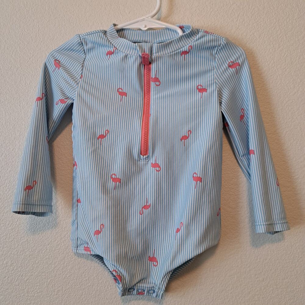 Carter's  girl's long-sleeve, striped flamingo-printed swimsuit pink zipper.18M‎